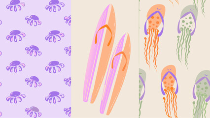 A whimsical beach day dream featuring surfboards and jellyfish sandals in pastel colors and sketched