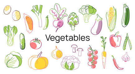 Various vegetable illustrations with hand drawn outline style. Flat cartoon icon set on white background. Healthy food and cooking ingredient collection concept
