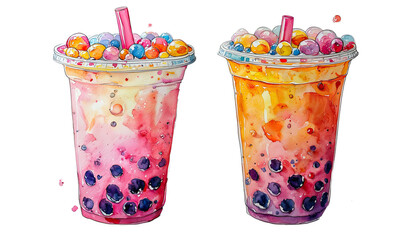 a watercolor painting depicts two clear plastic cups filled with colorful boba tea, each featuring gradient shades of pink and orange with dark tapioca pearls and topped with colorful candies.