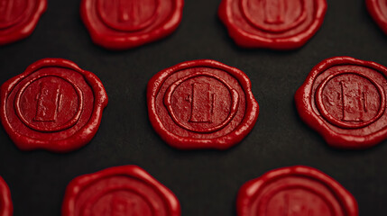 Collection of crimson wax seals with initial imprints on a dark textured background for graphic projects.