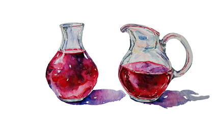 a watercolor painting depicts two glass vessels filled with a deep red liquid, casting purple-toned shadows on a white surface.