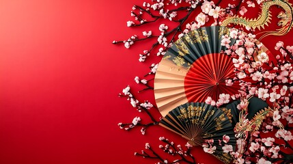 Colorful traditional asian decorations on a red background.
