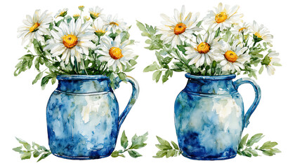 a watercolor painting depicts two rustic blue ceramic jugs filled with delicate white and yellow daisies, accented by sprigs of greenery.