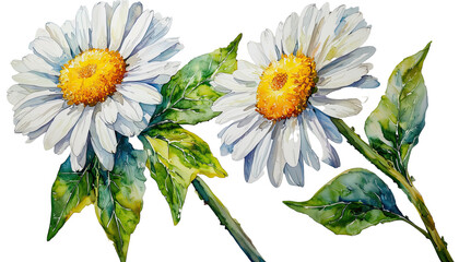 a delicate watercolor painting depicts three vibrant chamomile flowers with lush green leaves against a clean white background.