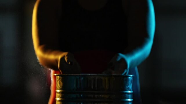 Close-up: Hands clap, creating a cloud of chalk over a metal container. Dramatic yellow and blue rim lighting highlights slow-motion particle dispersion.