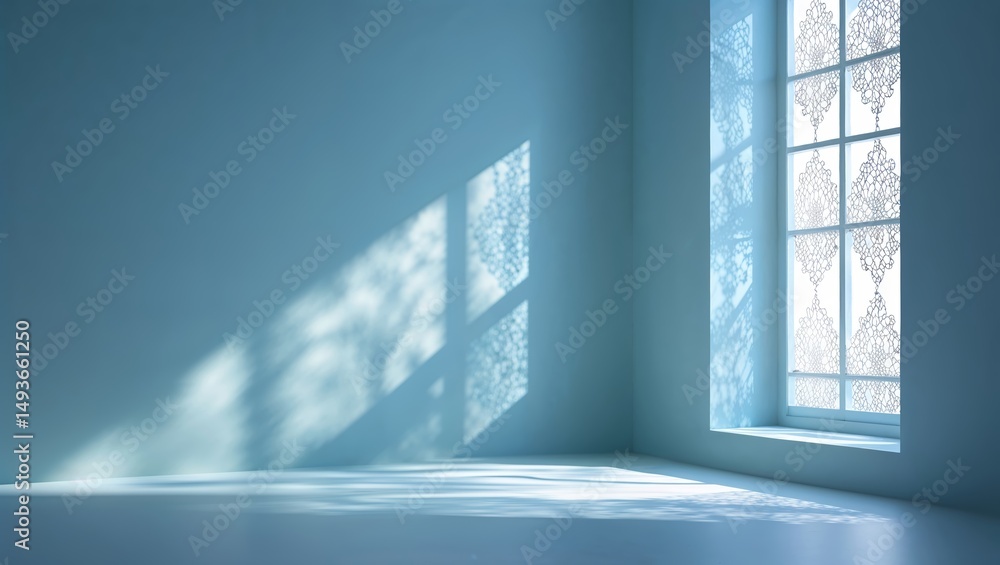 Poster beautiful light patterns cast by an intricate window design in a serene blue room during daytime