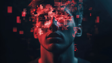 Digital Dissolution: A portrait of a person in a digital state, highlighting concepts of data overload and transformation through a dynamic pixelated effect.