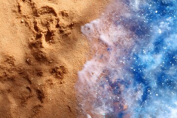 Abstract landscape of swirling colors, warm sandy tones blending with cool blues, ideal for artistic backgrounds or atmospheres.