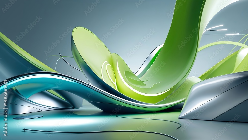 Aufkleber abstract design featuring flowing shapes in green and blue tones with a futuristic vibe in a soft-li