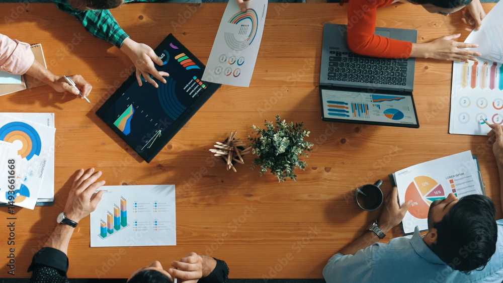 Poster top down view of business woman explain and present financial chart. diverse group discuss and liste