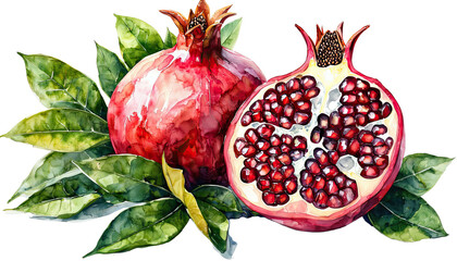 a vibrant watercolor painting depicts a whole pomegranate alongside a halved one revealing its ruby-red seeds, surrounded by lush green leaves.