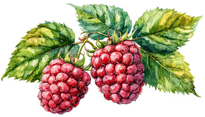 a detailed watercolor painting depicts two ripe raspberries with lush green leaves on a branch.