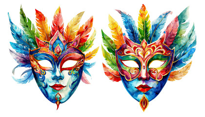 a pair of vibrant, ornately decorated carnival masks with elaborate feather headdresses are depicted in a watercolor painting style.