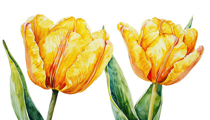 a vibrant watercolor painting depicts two ruffled orange and yellow tulips with green leaves against a white background.