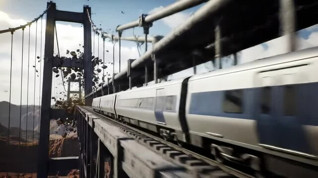 High-speed train escapes collapsing bridge in dramatic canyon action.