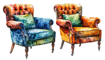 a watercolor painting depicts two vintage leather armchairs, one blue and green, the other orange and brown, each with a complementing green pillow.