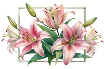 Watercolor lilies in a square frame, a beautiful floral composition art
