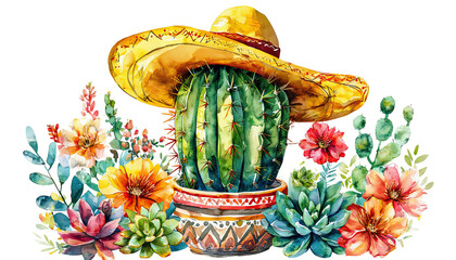 a vibrant watercolor painting depicts a tall saguaro cactus wearing a straw sombrero surrounded by a lush arrangement of desert wildflowers and succulents in a decorated pot.