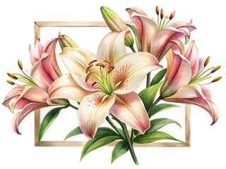 Elegant Watercolor Illustration of Pink and Cream Lilies within a Wooden Frame