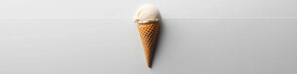 Icy Treat Delight: An irresistible top-down image captures a single, melting scoop of vanilla ice cream atop a classic waffle cone, offering a visual ode to summer's sweet pleasures and simple joys.