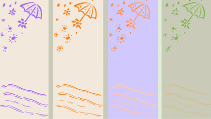 Hand drawn summer rain with floral umbrellas bringing joy and sunshine to waves below on vertical