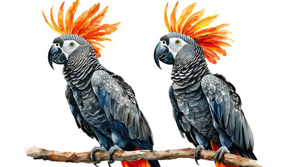 two vibrant major congo african grey parrots with striking orange crests perch closely together on a weathered branch against a clean white background.