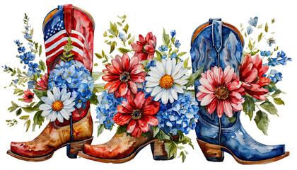 a watercolor painting depicts a pair of cowboy boots?��one adorned with an american flag and the other in blue?��surrounded by a vibrant arrangement of red, white, and blue wildflowers.