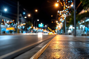 Empty urban street at night, illuminated by colorful lights, wet pavement reflecting neon glow, serene and atmospheric scene.