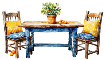 a watercolor painting depicts a rustic blue table set with two chairs featuring patterned cushions and decorated with a potted citrus plant and scattered oranges.