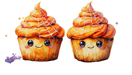 a watercolor painting of two adorable halloween cupcakes with big eyes and spiderweb frosting.