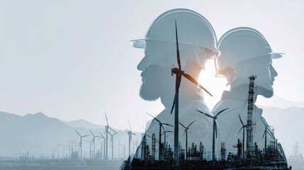 Team of Engineers Overlooking Industrial Equipment and Wind Turbines