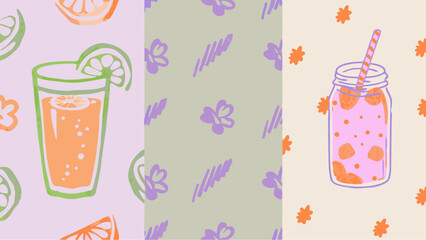 Bright summer dreams with citrus drinks a floral pattern and pink mason jar stylized with pastel