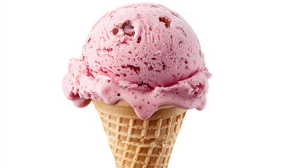 Sweet Berry Scoop: A close-up shot of a single scoop of vibrant, berry-infused ice cream nestled perfectly in a crispy waffle cone, offering a refreshing and delightful treat.