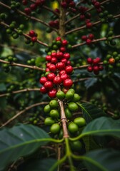 Obraz premium Ripe and Unripe Coffee Cherries on Branch - Lush green coffee plant branches laden with clusters of ripe red and unripe green coffee cherries. Symbolizing growth, harvest, abundance, nature
