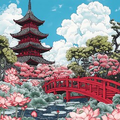 Colorful artistic depiction of a Japanese pagoda and serene garden.