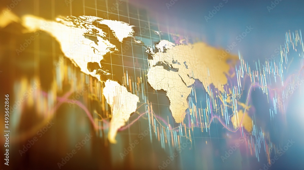 Poster abstract world map with trading charts and business elements