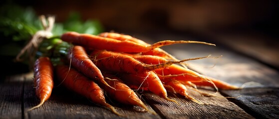 Freshly harvested carrots, vibrant orange root vegetables with green tops, arranged artistically on a rustic wooden surface.