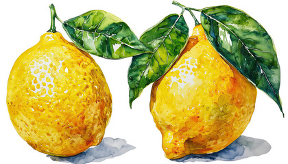 a vibrant watercolor painting depicts two textured lemons with leafy stems casting soft shadows on a white background.