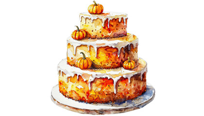 a watercolor painting depicts a three-tiered autumnal cake decorated with miniature pumpkins and a flowing white glaze on a silver platter.