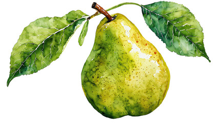 a delicate watercolor painting depicts a ripe pear with speckled skin and vibrant green leaves against a clean white background.