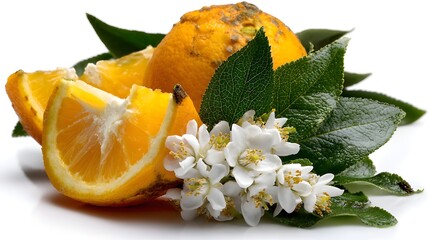 Fresh citrus arrangement, vibrant yellow lemons with green leaves and white blossoms, perfect for refreshing recipes or decor.