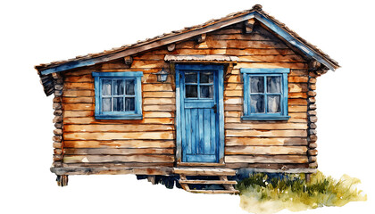 a watercolor painting depicts a rustic log cabin with vibrant blue window frames and a door set amidst sparse grassy growth.