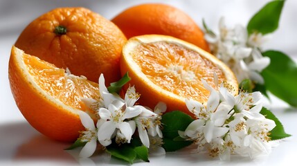Fresh oranges with floral accents, vibrant citrus fruits cut open revealing juicy segments, ideal for culinary or health themes.