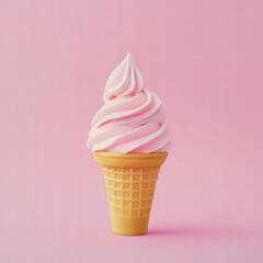 Pink Swirl Delight: A tempting single-scoop swirl of pink ice cream sits gracefully atop a crisp waffle cone, offering a refreshing treat against a soft pink backdrop. 