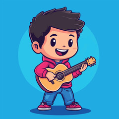 Cartoon boy with dark hair playing a light brown acoustic guitar