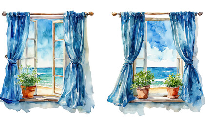 a watercolor painting depicts two open windows with blue curtains framing a view of the ocean and potted plants on the sills.