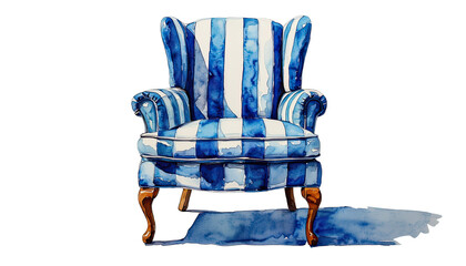 a watercolor painting depicts a vintage striped armchair with dark wooden legs casting a soft shadow on a white background.