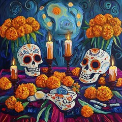 Vibrant artwork of sugar skulls and marigolds.