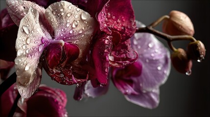 Vibrant orchid blossoms, exquisite purple and pink petals, showcasing intricate textures, ideal for nature-themed design.
