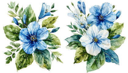 a pair of delicate watercolor floral arrangements featuring blue and white hibiscus blooms surrounded by lush green foliage.